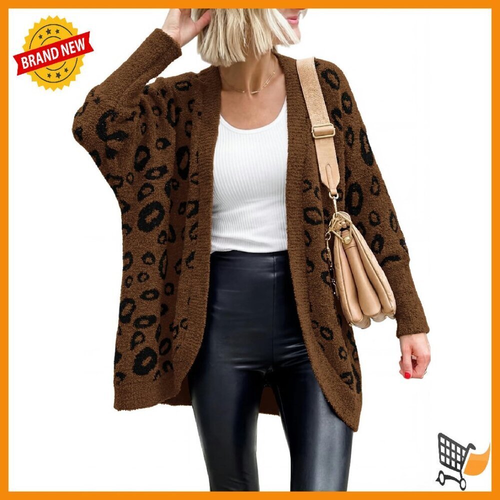 Leopard Print Cardigan Long Sleeve Open Front Pockets Loose Knit Sweater